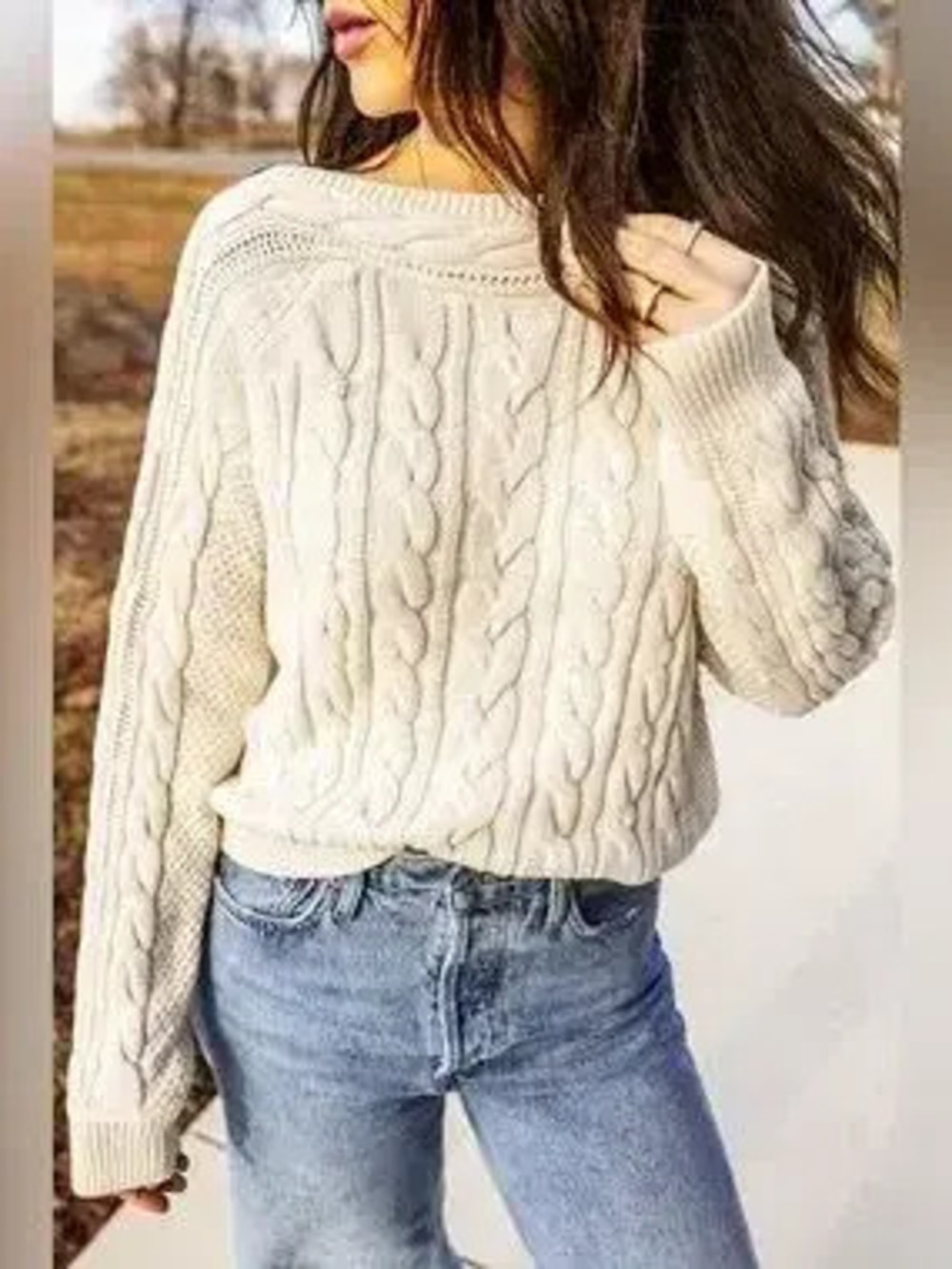 Drop Shoulder Round Neck Cable Knit Sweater - Picture 7 of 9